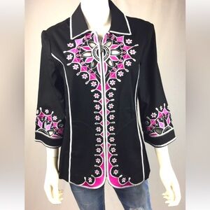 Bob Mackie Art Women’s L Black Pink White Jacket Cut-Out 3/4 Sleeves 90’s Boho
